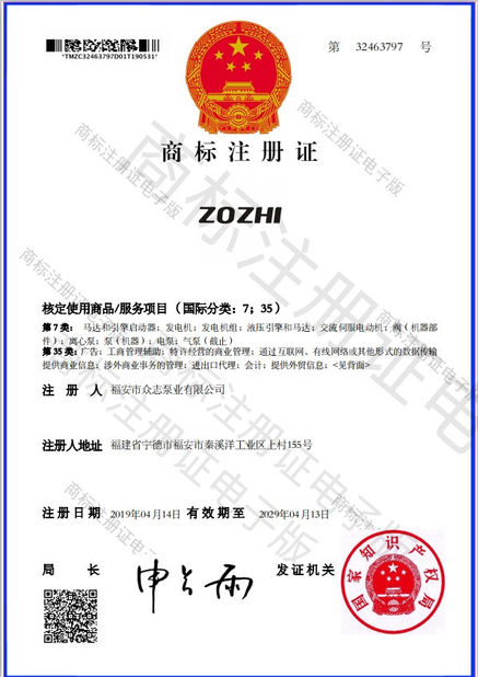 La CINA Fuan Zhongzhi Pump Co., Ltd. Certificazioni
